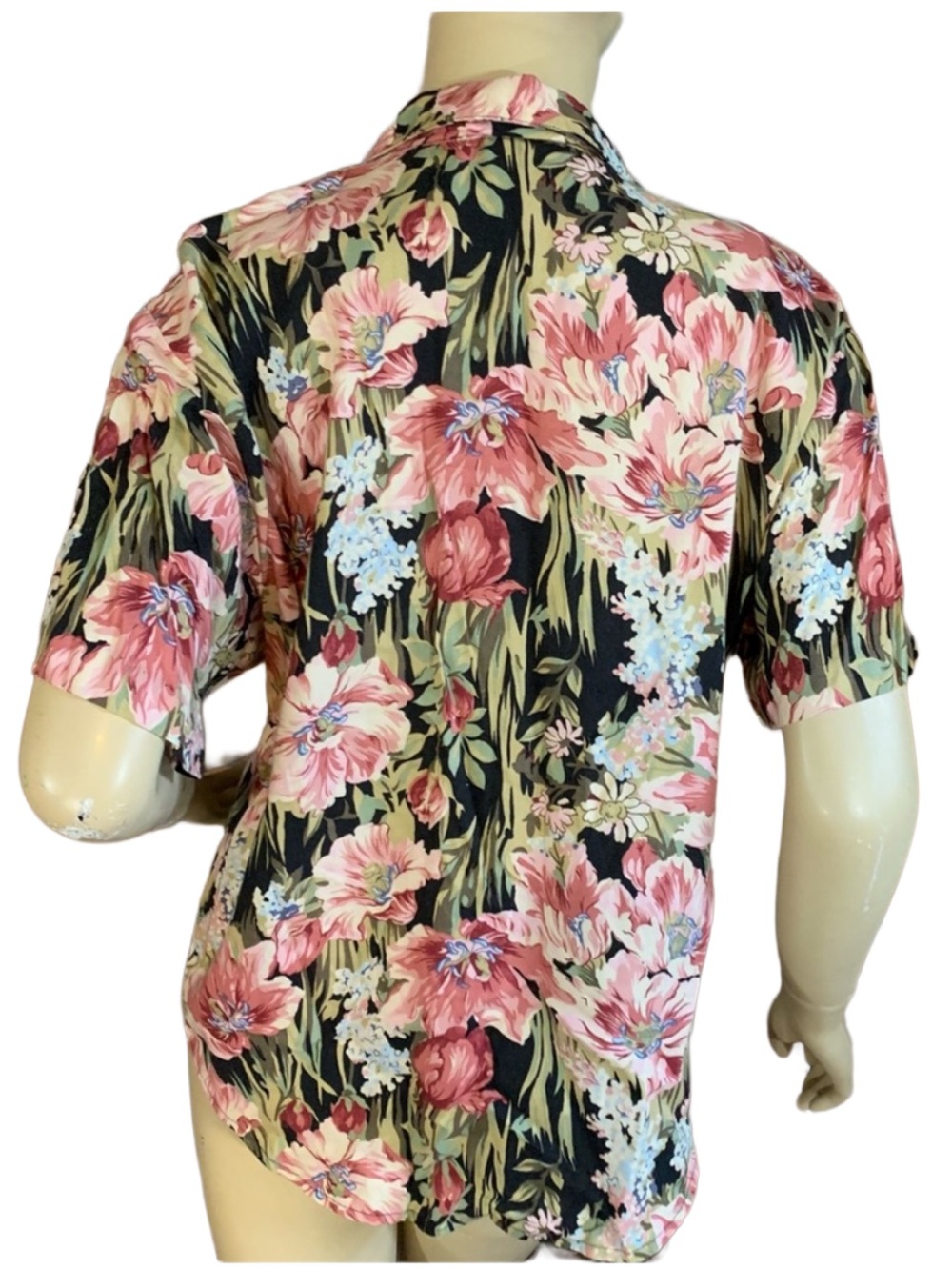 VINTAGE 1980'S PINK, BLACK & GREEN FLORAL PRINT TEDDI BLOUSE (MP) - Picture 3 of 13